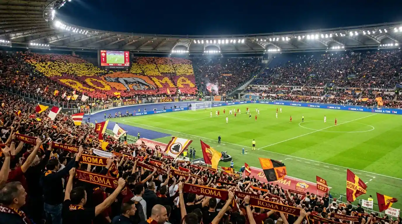 Volle tribunes in een Italiaans Serie A-stadion tijdens een avondwedstrijd met sfeerverlichting
